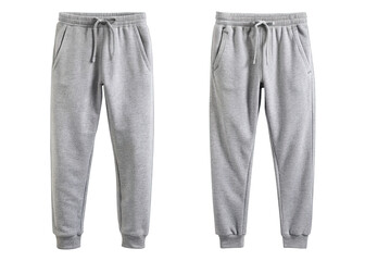 A pair of grey sweatpants with a drawstring waist and pockets is shown from the front and back on a white background