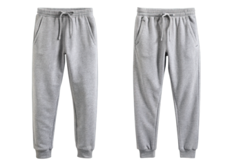 A pair of grey sweatpants with a drawstring waist and pockets is shown from the front and back on a white background