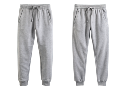 A pair of grey sweatpants with a drawstring waist and pockets is shown from the front and back on a white background