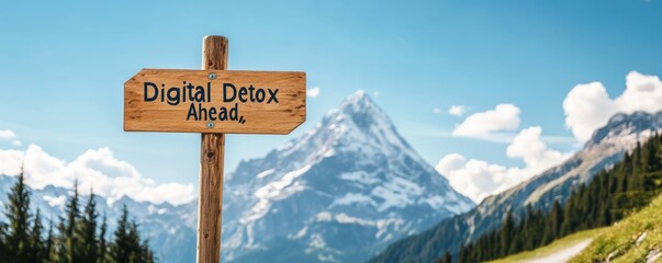 A road sign reading "Digital Detox Ahead," set against a beautiful mountain backdrop, symbolizing the journey to digital wellness