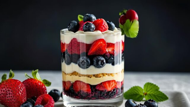 Video footage of layered dessert in a clear glass, featuring alternating layers of cream and cake, with an abundance of fresh berries