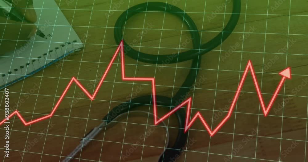 Aufkleber red line graph animation over stethoscope and notebook on wooden desk