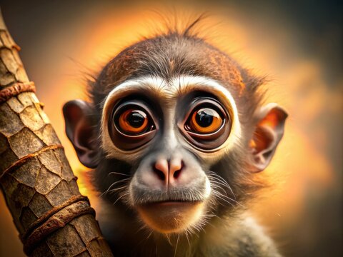 Emotive close-up of a phalangeriformes species with intricate details of its arboreal limbs and nose, set against a muted gradient backdrop 