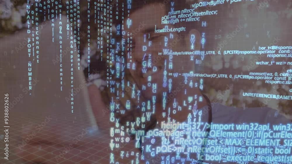 Poster reading tablet, man with code and data processing animation overlaid