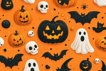 Halloween pattern of orange pumpkins with smiling faces, spooky symbols, and autumn decorations in a cartoon style pattern background. 
