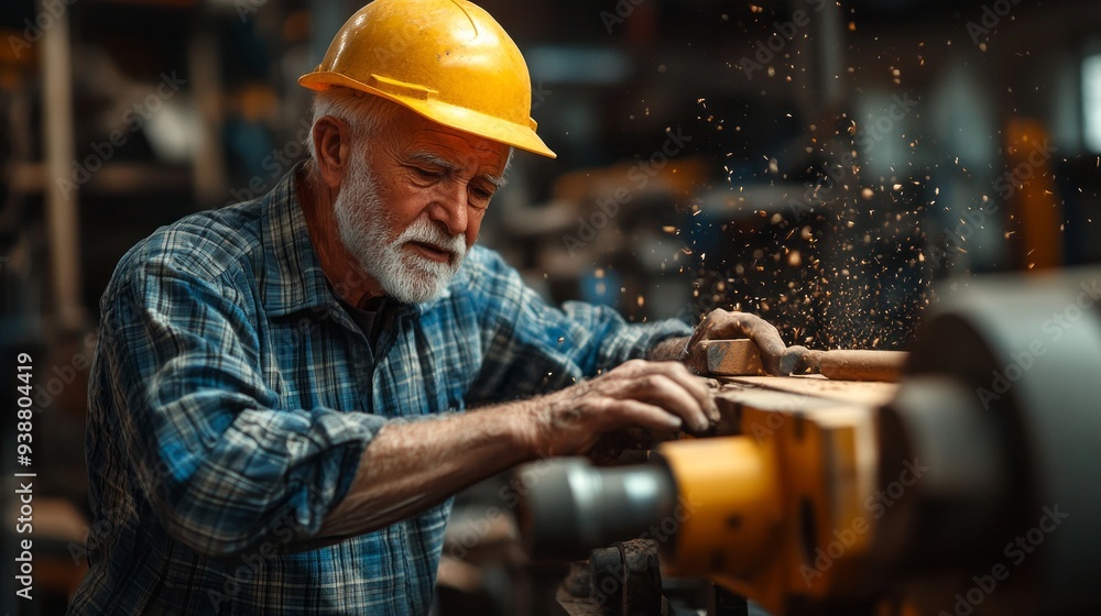 Poster a man in a yellow hard hat is working on a machine