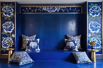 Cobalt Blue Concrete Wall Surrounded by Detailed Indigo Peonies and Floral Accents