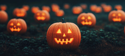 Fototapeta premium Glowing Jack-O'-Lanterns in a Spooky Field at Dusk, Perfect for Halloween Celebrations and Autumn Festivities