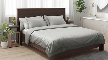 A stylish bedroom with a comfortable bed, luxurious bedding, soft lighting, modern furniture, and a soothing color palette