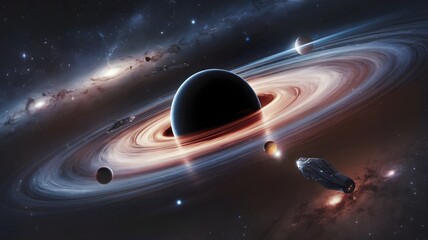 3D delineation of goliath Dark opening and nearby planet group. Excellent advanced space workmanship in 5K - realistic visualization