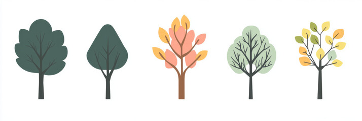 A row of trees with different colors of leaves