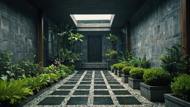 Video footage of modern architectural design of an outdoor space,symmetrical pathway with square stepping stones surrounded by lush green plants