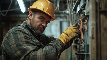 A man in a yellow helmet is working on electrical wires