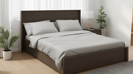 A stylish bedroom with a comfortable bed, luxurious bedding, soft lighting, modern furniture, and a soothing color palette