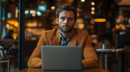 A man in a brown jacket sits at a table in a cafe, working on his laptop. He looks serious and focused.  The image evokes a sense of professionalism and focus.