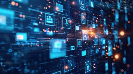 Obraz premium A group of teammates collaborating remotely, each on their own device, with AI-powered tools enhancing communication and productivity, set against a sleek digital background