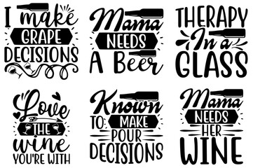 Fototapeta premium Decorative Wine Typography, Hand Lettering Bundle Vector Illustration for T-Shirt Design, Stationery, Printing Press
