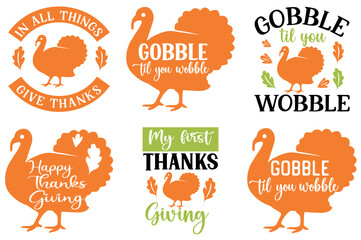 Decorative Thanksgiving Trendy Retro Style Illustration, Calligraphic Lettering Pack Vector Illustration for Bookmark, Sticker, Announcement