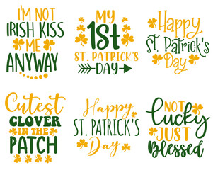 Colourful St Patricks Day Typographic Emblems, Calligraphy Set Vector Illustration for Logo, Decal, Announcement