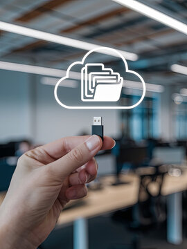 A hand holding a USB flash drive, inserting it into a holographic cloud with files and folders being transferred