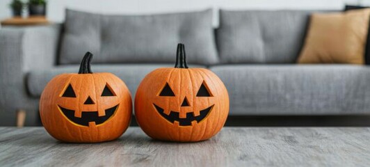 Two Carved Halloween Pumpkins on Wooden Table in Modern Living Room with Gray Sofa in Background