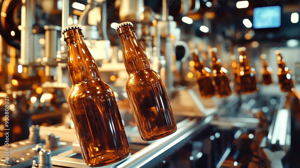Poster brown glass bottles hover on robotic arms, capturing the precision of modern brewery technology in a