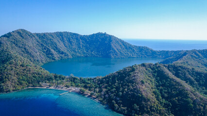 Obraz premium Aerial view of Satonda island, West Nusa Tenggara, Indonesia. traveling concept with sea and hill background