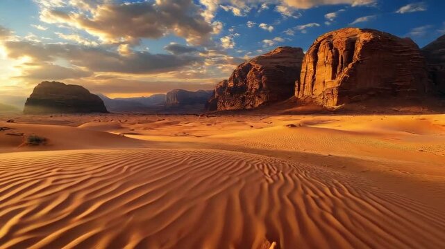 Wadi Rum Desert in Jordan Bathed in the Golden Hour's Warm, Soft Light, a Majestic Landscape of Ancient Beauty