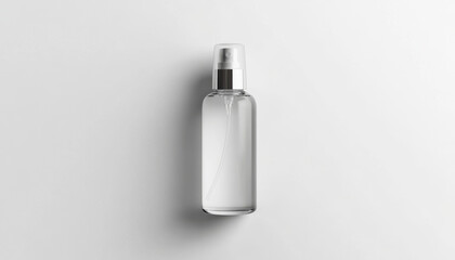 A clear bottle with a spray top sits on a white background. The bottle is empty and has a silver cap. Concept of simplicity and minimalism, with the focus on the clear bottle and its clean