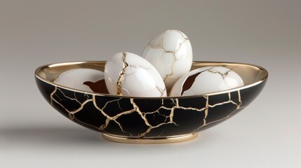 Elegant Ceramic Bowl with Kintsugi-Inspired Eggs Modern Art and Traditional Craft Fusion
