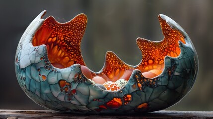 Fototapeta premium Artistic Ceramic Egg Sculpture with Intricate Patterns and Warm Lighting