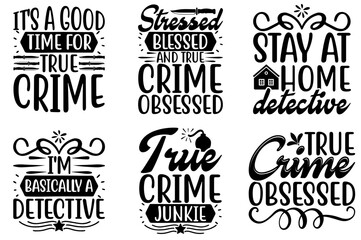 Modern True Crime Calligraphic Lettering, Trendy Retro Style Illustration Bundle Vector Illustration for Greeting Card, Wrapping Paper, Banner