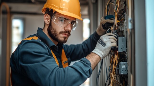 A man in a yellow helmet and safety glasses is working on electrical wires
