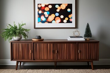 Stylish Wooden Console Table with Colorful Bokeh Lights and Elegant Midnight Aesthetic