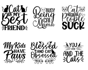 Cute Cat Typography, Typographic Emblems Set Vector Illustration for Magazine, Banner, Advertising