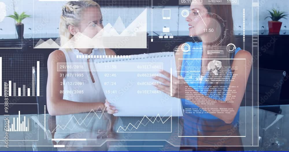 Poster discussing document, two women in office with data processing animation over them