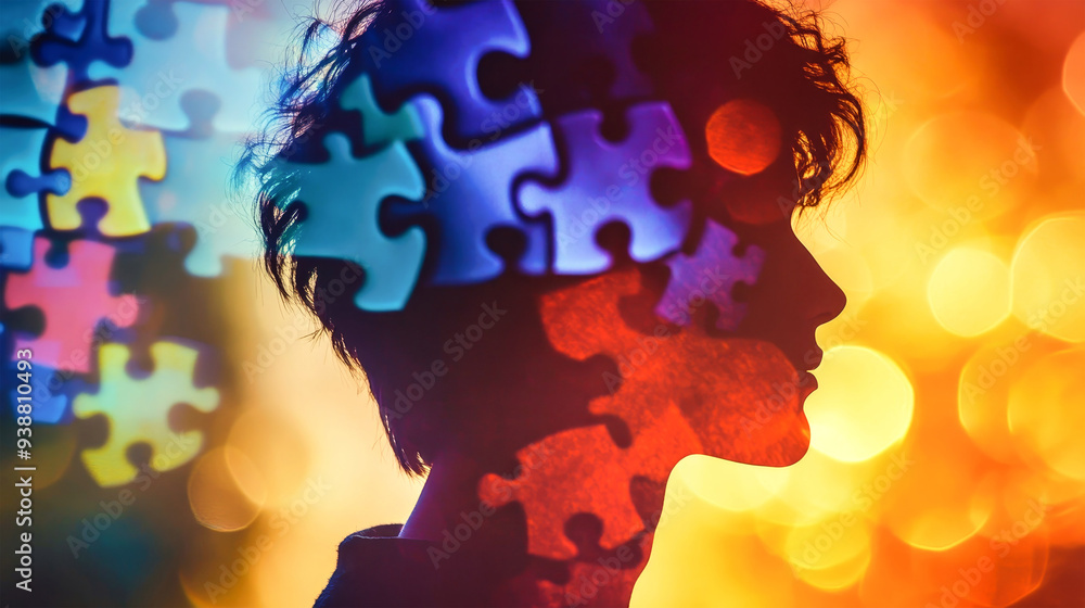 Poster a man's profile silhouette creatively blends with colorful puzzle pieces, symbolizing complexity and