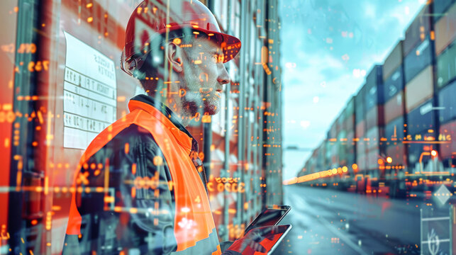 A logistics worker uses a tablet to manage cargo operations at the port, surrounded by stacks of containers and digital overlays representing data