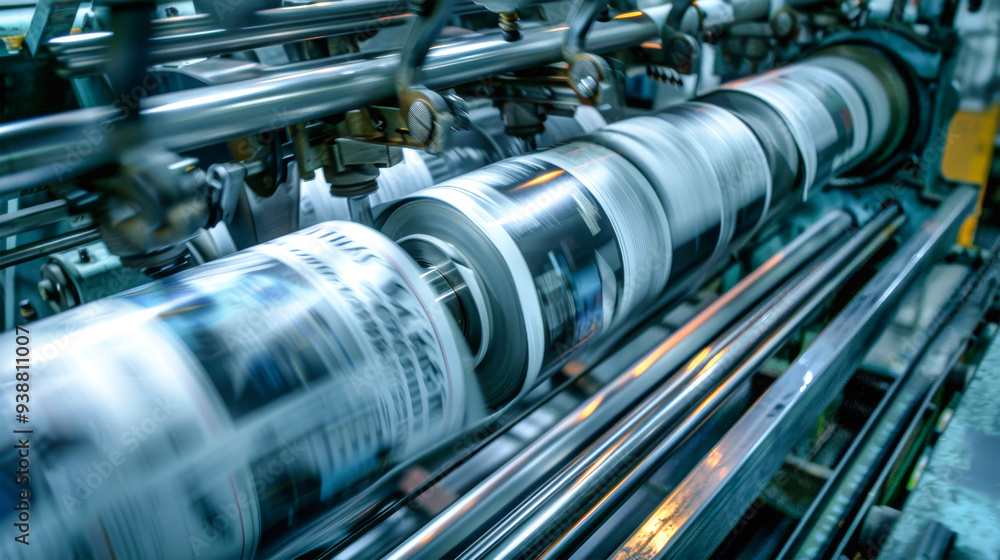 Aufkleber newspaper rolls and printed pages swiftly moving through the machinery create an engaging display of