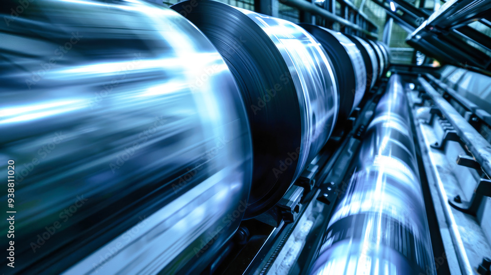 Poster black rolls move swiftly through the printing press, blurring in motion as they create vibrant paper
