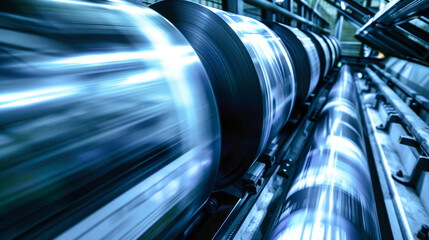 Black rolls move swiftly through the printing press, blurring in motion as they create vibrant paper products in a bustling factory environment