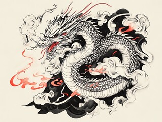 A traditional black and white dragon tattoo design with red accents, coiled with fierce energy, captured in a detailed, bold style, evoking strength and mythology