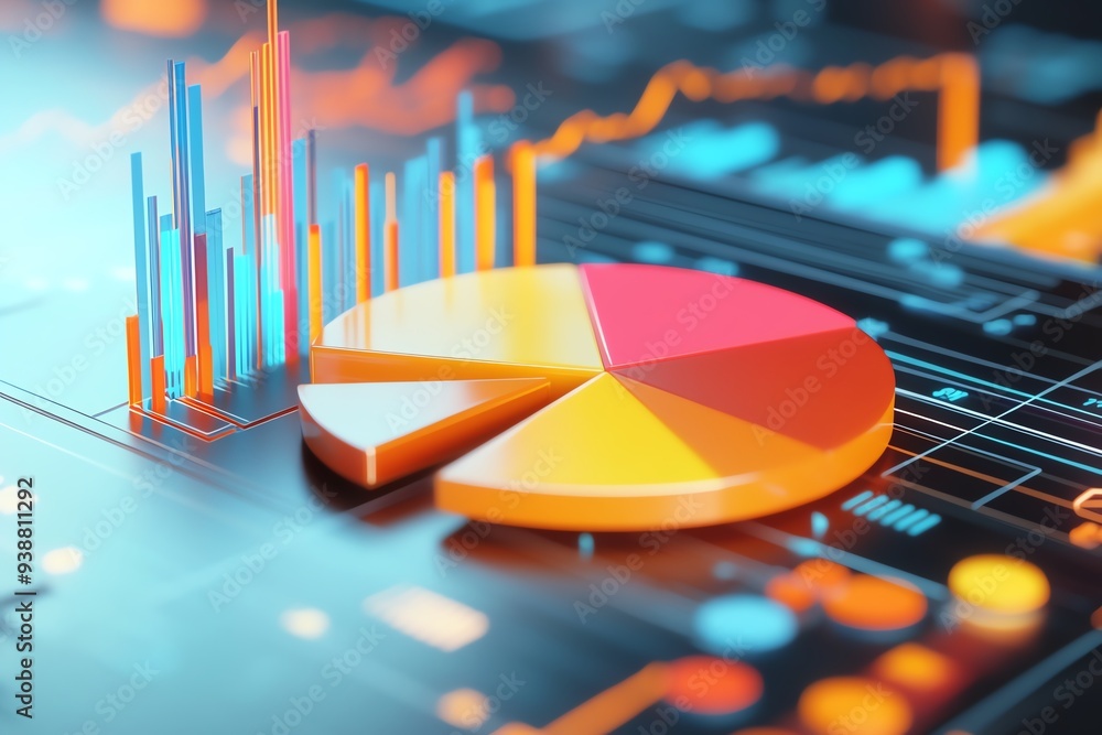 Poster colorful pie chart and bar graphs on a digital interface representing data analysis and financial me