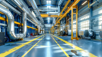 Fototapeta premium A bustling steel factory featuring huge machines and a stainless steel ventilation system amid a vibrant, colorful floor design