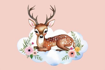 Naklejka premium Adorable Watercolor Deer in Soft Cloud Surrounded by Flowers Perfect for Baby Showers and Nursery Decor
