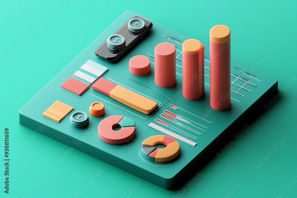 Poster colorful 3d charts and graphs representing data analytics and statistics on a vibrant background, id