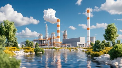 Obraz premium A biogas plant processing black toxic water into energy, with large industrial tanks and pipelines surrounded by an industrial landscape.