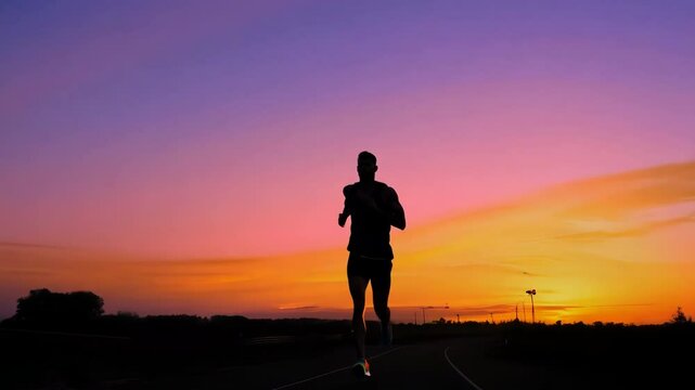 Silhouette of man running at sunset. Evening jogging. Preparation of sportsman for marathon competition. Athletic active guy runner. Male athlete jogger training outdoor. Beautiful sky. Cardio workout