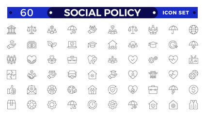 Social policy Outline web icon vector illustration concept with icons of government, society, legislation, services, health care, welfare, reform, education.
