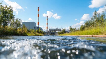 Obraz premium Black toxic water flowing into a biogas plant, industrial tanks and pipelines visible as the facility processes hazardous waste into energy.